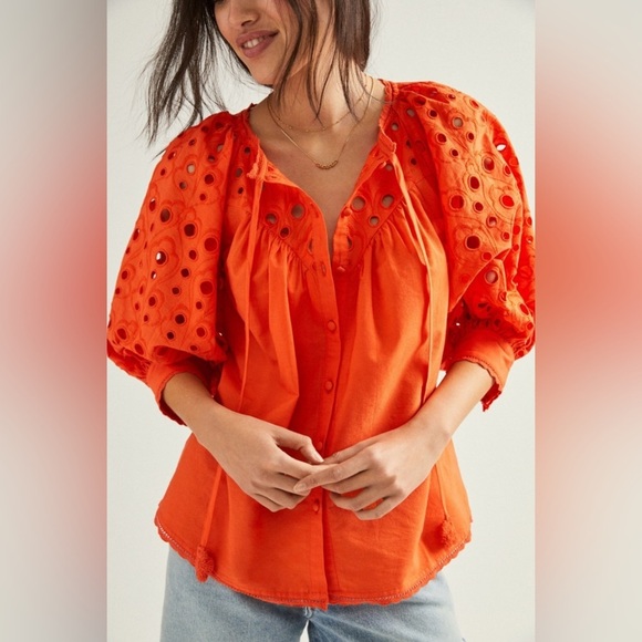 Anthropologie Chantal Eyelet Orange Puff Sleeve Button Down Crochet Tie Blouse - Picture 2 of 9